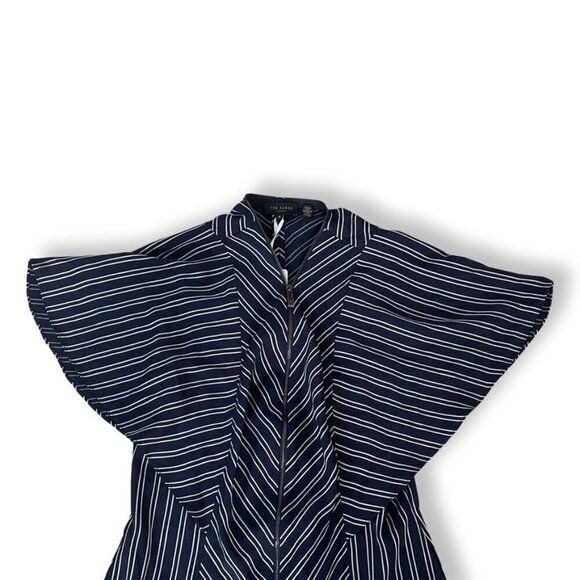 TED BAKER NAVY ZIP FRONT STRIPED MIDI DRESS SIZE 4 US 12 - Picture 3 of 8